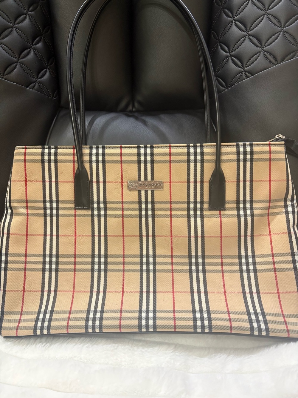 & Other Stories Beige Plaid Tote with Black Handles